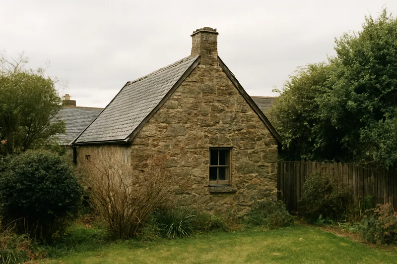 A small old stone cottage with a steep slate roof and a stone chimney — heritage slate roofs, Hobart. Illustrative example.