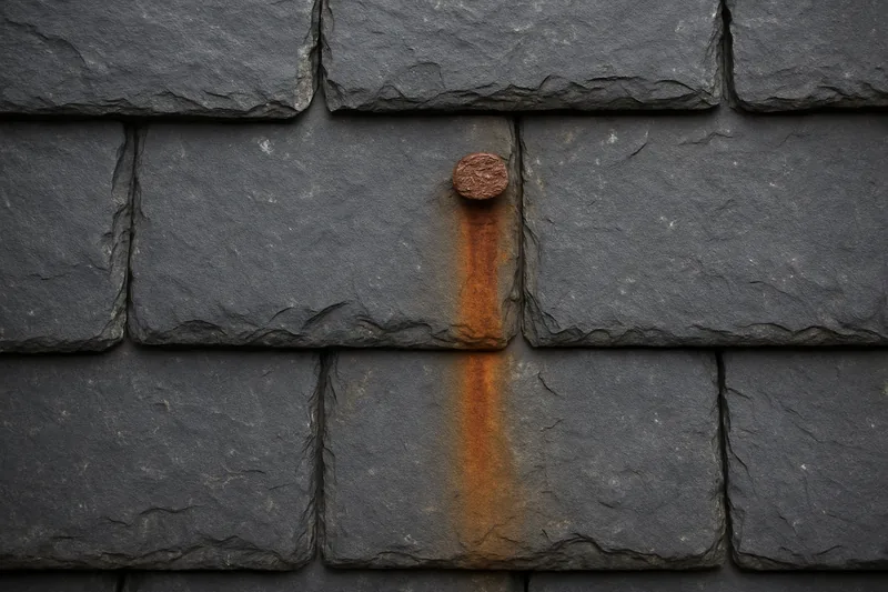 Grey-black slates with a rust-brown streak running down from a corroded nail head — slate roof repairs, Hobart. Illustrative example.