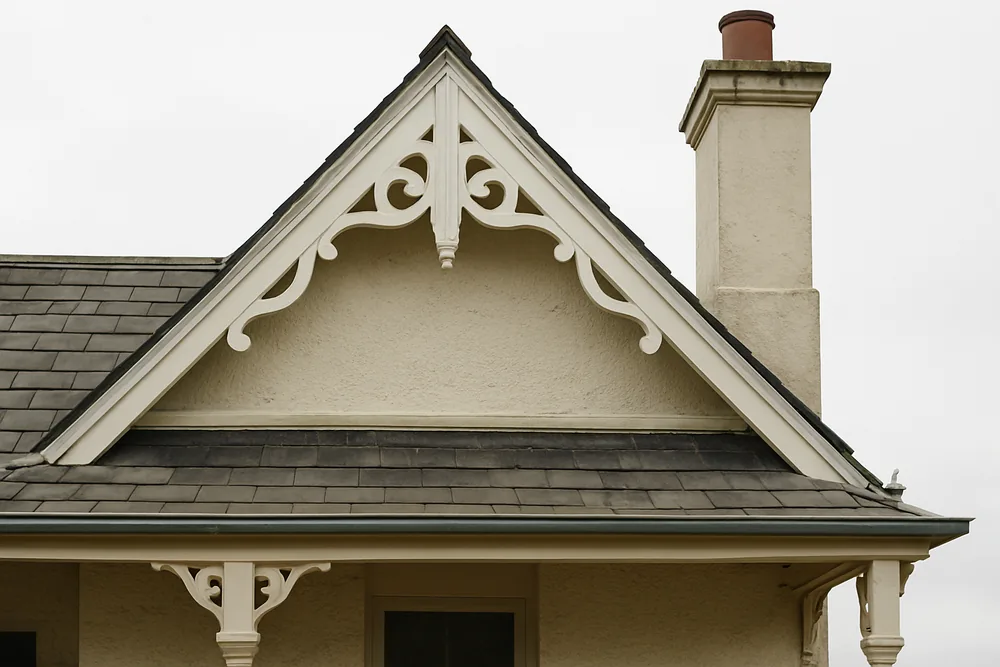 A slate gable with a timber bargeboard and a rendered chimney — heritage slate roofs, Hobart. Illustrative example.