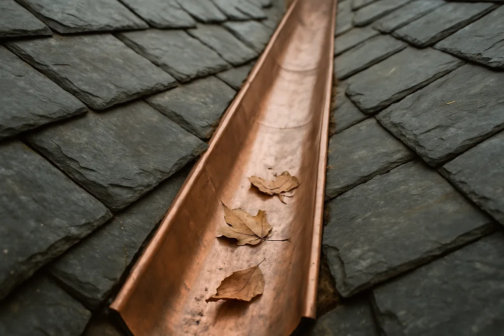 A copper valley gutter between two slate slopes with a few leaves in it — flashings and gutters, Hobart. Illustrative example.