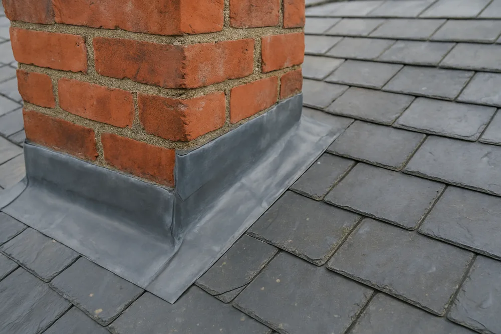 Soft grey lead flashing around the base of a brick chimney on a slate slope — flashings and gutters, Hobart. Illustrative example.