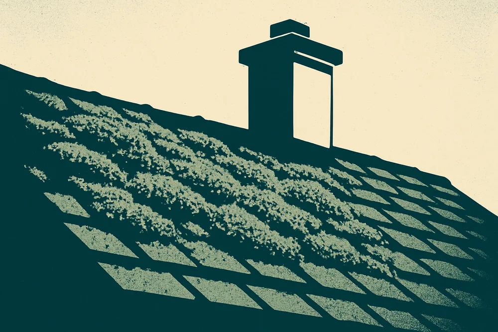A patch of moss on a slate slope below a chimney — slate roofing, Hobart. Illustrative example.