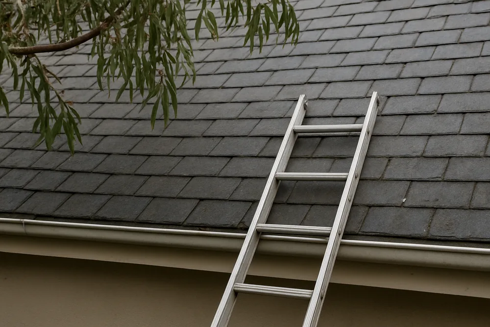 A ladder against a gutter below a steep slate slope with a gum branch overhead — slate roof repairs, Hobart. Illustrative example.