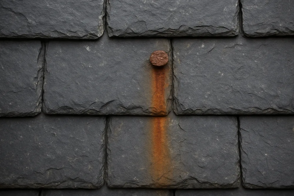 Grey-black slates with a rust-brown streak running down from a corroded nail head — slate roof repairs, Hobart. Illustrative example.