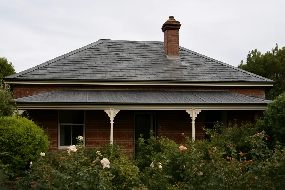 The slate roof of an older single-storey house with a verandah roofline and a brick chimney — slate roofing, Hobart. Illustrative example.