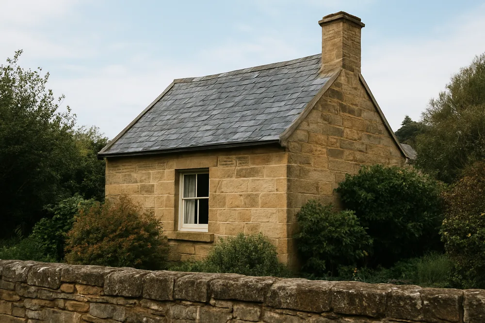 A small sandstone cottage with a slate roof and a tall chimney — slate roofing, Hobart. Illustrative example.
