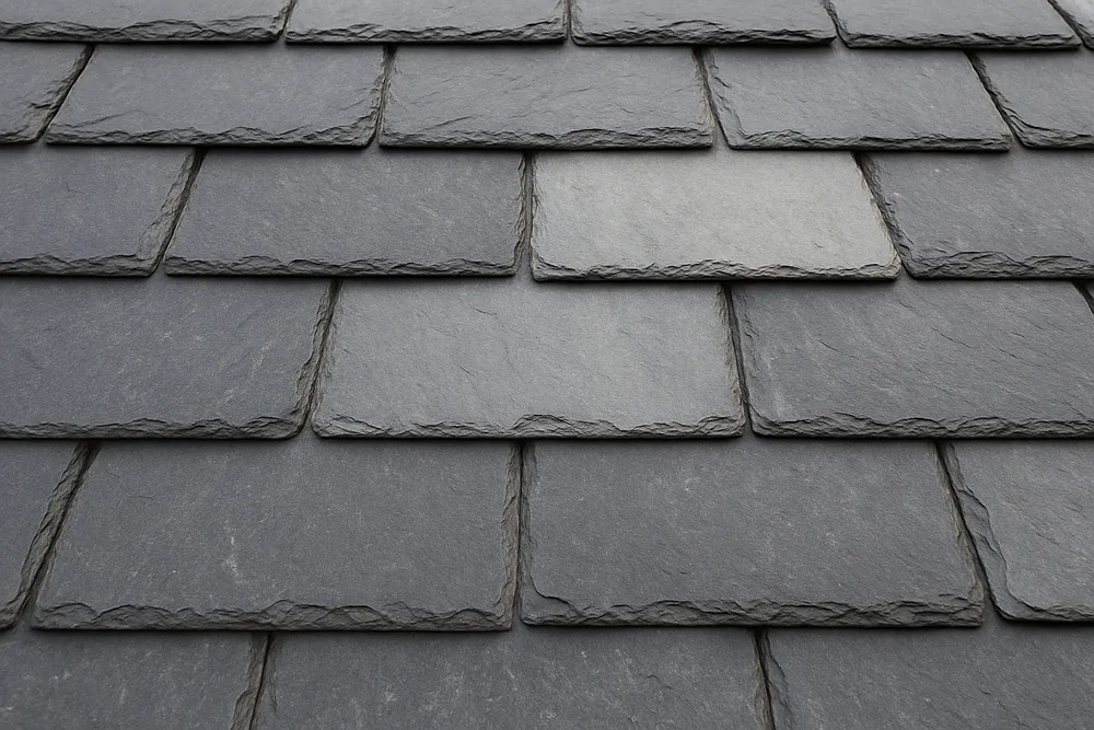 Overlapping grey slates in straight courses, one a shade lighter — slate roofing, Hobart. Illustrative example.